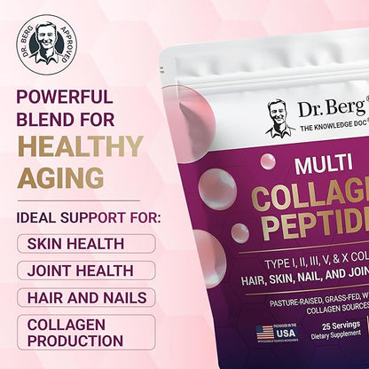 Dr. Berg Multi Collagen Peptides Powder Types I, II, III, V, X - Unflavored Collagen Powder w/ 14 g of Protein - Grass-Fed, Pasture-Raised & Wild-Caught Collagen Sources - 25 Servings