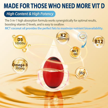 Vitamin D3 K2 -Vitamin D3 10000iu & K2 (Mk-7) 200mcg, Magnesium, Omega 3, Methyl B12, MCT Oil for Optimal Absorption, D3K2 Vitamin & Magnesium Supplement for Bone, Muscle, Immune Health, 240 Softgels