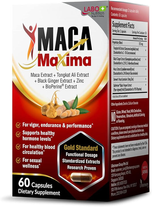LABO Nutrition MacaMaxima Peruvian Maca Root, Tongkat Ali, Black Ginger, Zinc and Black Pepper Extract Supplement for Men and Women, Supports Reproductive Health, Energy, Stamina- Non-GMO, Vegan Pills