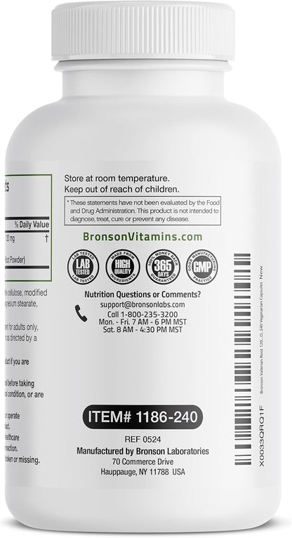 Bronson Valerian Root Capsules - Valerian Officinalis - Promotes Relaxation - Non-GMO, Soy-Free Gluten-Free, 240 Vegetarian Capsules