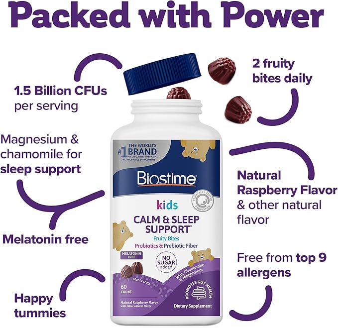 Biostime Kids Sleep Fruity Bites (Ages 4+) | Includes Probiotics| Calm magnesium gummies for kids | Melatonin Free calm gummies for Sleep aid | No added sugar | 60 Count