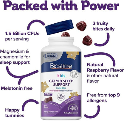 Biostime Kids Sleep Fruity Bites (Ages 4+) | Includes Probiotics| Calm magnesium gummies for kids | Melatonin Free calm gummies for Sleep aid | No added sugar | 60 Count