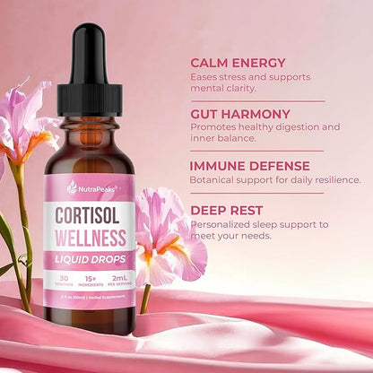 Cortisol Supplement Liquid Drops - Hormone Balance & Mood Support for Women – 2 fl oz Adaptogen Complex with Ashwagandha, GABA, Magnesium Glycinate, Rhodiola, 5-HTP – Sugar Free, Vegan, Non-GMO