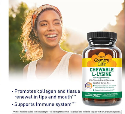 Country Life Chewable L-Lysine Supplement with Vitamin D and Elderberry, Immune Support and Collagen Renewal for Skin Tissue, Ideal for Adults