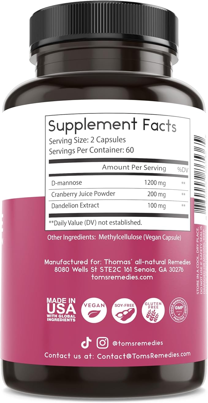 Thomas' all-natural Remedies D-mannose 1200mg - with Cranberry and Dandelion - Natural Urinary Tract and UTI Health Support - Best dmannose Capsules - NO fillers, All-Natural, Vegan - 120 Capsules
