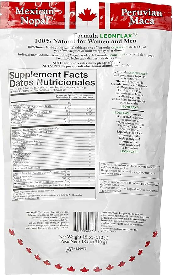 Leonflax, 100% Authentic Canadian Flax Seed, All-natural, High Fiber Content, Dietary Supplement to Improve your Digestive Health, 18 Oz, Bag