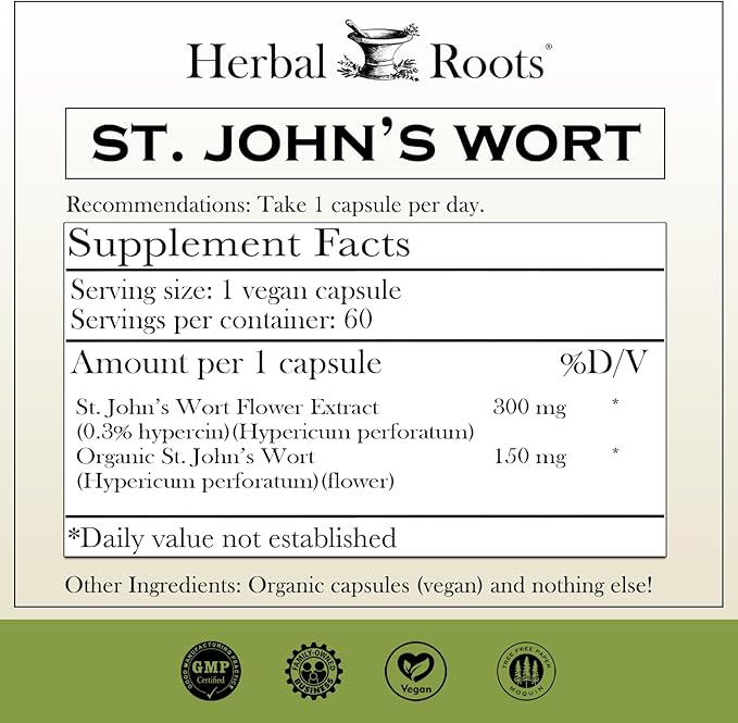 Herbal Roots St Johns Wort Capsules | 450 mg per Serving | Pure St. John’s Wort with No Binders or Fillers Non GMO | 60 Vegan Capsules