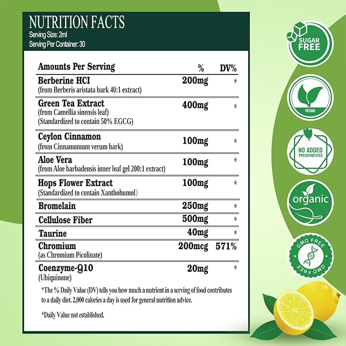 GLP-1 Supplement Liquid Drops, GLP1 Activate Fiber w. Berberine 800mg Cyelon Cinnamon Green Tea Bromelain, Naturally GLP-1 Support for Metabolic, Gut & Digestive Health* Immune & Energy Support