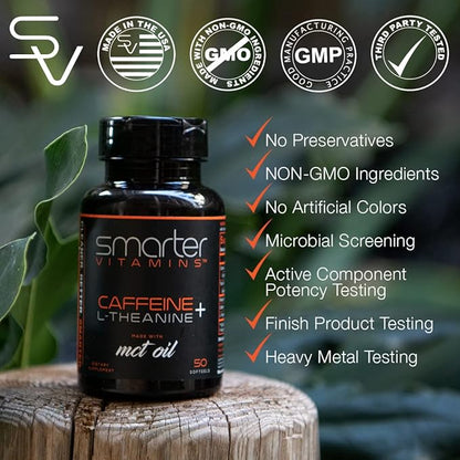 SmarterVitamins (3-Pack 200mg Caffeine Pills with 100mg L-Theanine + Coconut MCT Oil, Energy and Focus, Extended Release Capsule, 150 Liquid Softgels