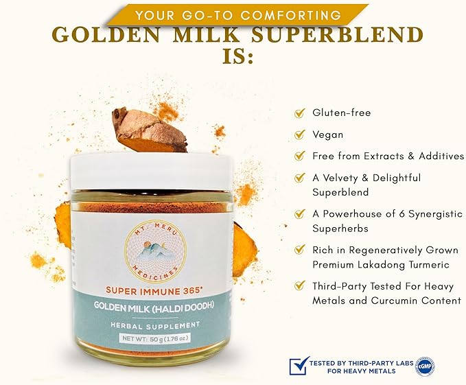 Mt.Meru Medicines Ayurvedic Haldi Doodh/Golden Milk Superblend- with Immune Boosting Formula, Gluten-Free, for Brain Health, Gut Support with High Curcumin Lakadong Turmeric (1.76oz/50g)