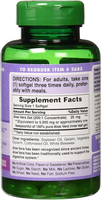 Puritan's Pride Aloe Vera Extract 25mg (5000mg Equivalent) Softgels, 200 Count (Packaging May Vary) (Pack of 2)