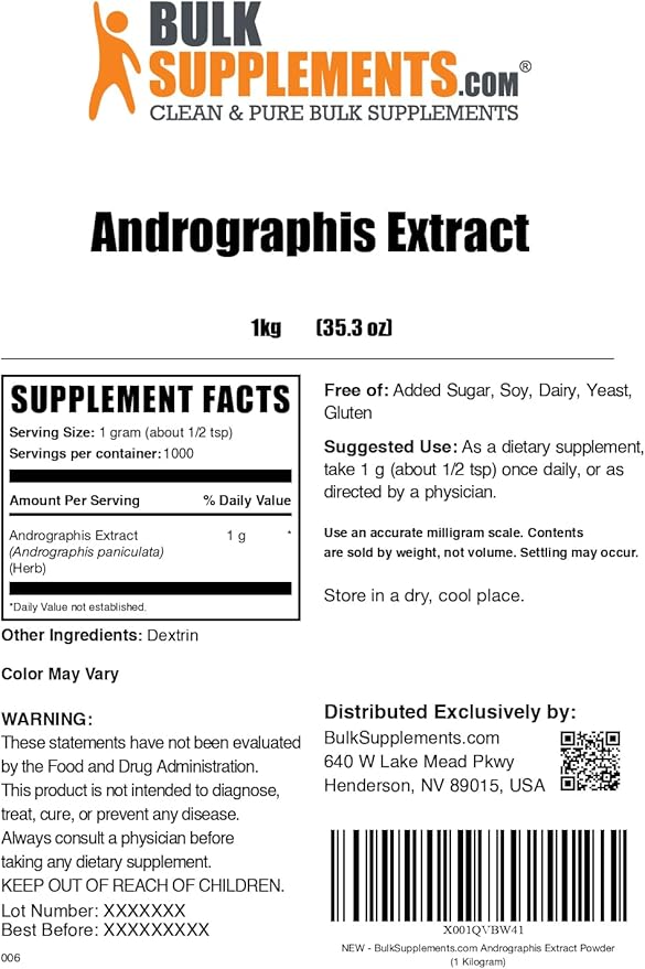 BulkSupplements.com Andrographis Extract Powder - Andrographis Paniculata, Herbal Supplement, Andrographis Powder - Gluten Free, 1000mg per Serving, 1kg (2.2 lbs) (Pack of 1)