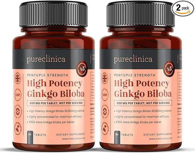 pureclinica High Potency Ginkgo Biloba 30,000mg x 180 Tablets (2 Bottles of 90) - 6 Months Supply - 5 Times The Strength of Competitor Products