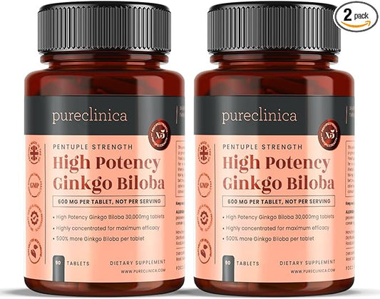 pureclinica High Potency Ginkgo Biloba 30,000mg x 180 Tablets (2 Bottles of 90) - 6 Months Supply - 5 Times The Strength of Competitor Products