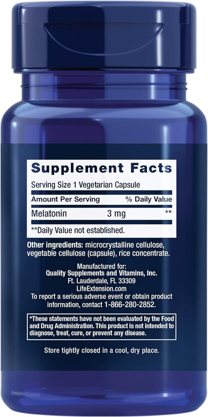 Life Extension Melatonin, 3 mg, Optimal Sleep Support, Healthy circadian Rhythms, Cellular Defense, Gluten-Free, Non-GMO, Vegetarian, 60 Capsules