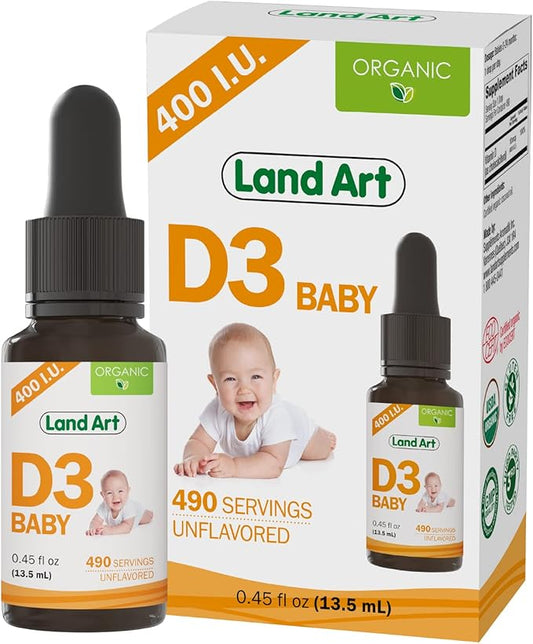 Certified Organic Vitamin D3 Drops - for Baby - 400 IU per Drop - 490 Servings - Development and Maintenance of Bones and Teeth - GMO Free - Gluten Free – 0.45 fl oz (13.5 ml)