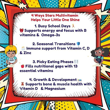 Stars Kids Multivitamin Gummies with Omega 3, Vitamins for Kids with A, B, C, D, Plant Based Multi Vitamins for Children, Manganese, 60 Star-Shaped Multivitamin for Kids, Gluten-Free Gummy Vitamins