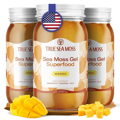 TrueSeaMoss Sea Moss Gel – Made in USA – Wildcrafted Seamoss, Fresh Fruits & Sea Vegetables – Mango, Pack of 3 (Labels may Vary)