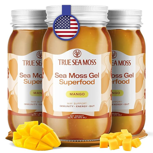 TrueSeaMoss Sea Moss Gel – Made in USA – Wildcrafted Seamoss, Fresh Fruits & Sea Vegetables – Mango, Pack of 3 (Labels may Vary)