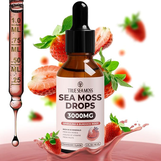 Irish Sea Moss Drops - 5X Stronger Than Sea Moss Gel - 92+ Essentials Minerals - with Spirulina Powder, Burdock Root & Black Cumin - 2 Fl Oz (60ml) - Strawberry Flavor