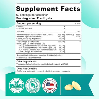 Vegan Omega 3 DHA EPA ALA Supplement with 5000IU Vitamin D3 K2 (MK7), CoQ10 for Women Men, Fish Oil Alternative, Plant Based Algae Oil Omega 3 for Bone, Brain, Eye, Skin & Immune Support, 120 Softgels