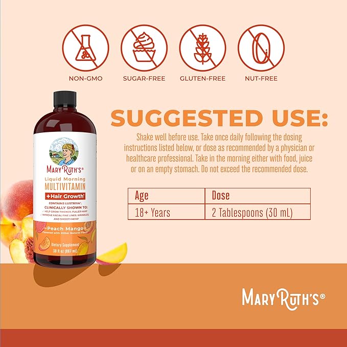 MaryRuth's Liquid Multivitamin + Hair Growth | Clinically Tested for Thicker Hair & Facial Wrinkles in Women | Biotin 10000mcg | Lustriva Hair Growth Supplements | Skin Care | Ages 18+ | 30 Fl Oz
