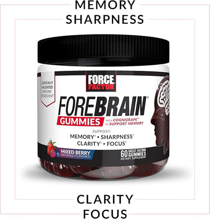 FORCE FACTOR Forebrain Gummies, 3-Pack, Nootropic Brain Support Supplement for Memory & Focus, Brain Vitamin with COGNIGRAPE & Huperzine A, Focus Gummies to Support Recall & Sharpness, 180 Gummies
