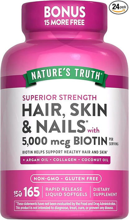 Nature's Truth Hair, Skin & Nails Vitamin | 5000 mcg Biotin | 165 Softgels | with Collagen | Non-GMO & Gluten Free Supplement