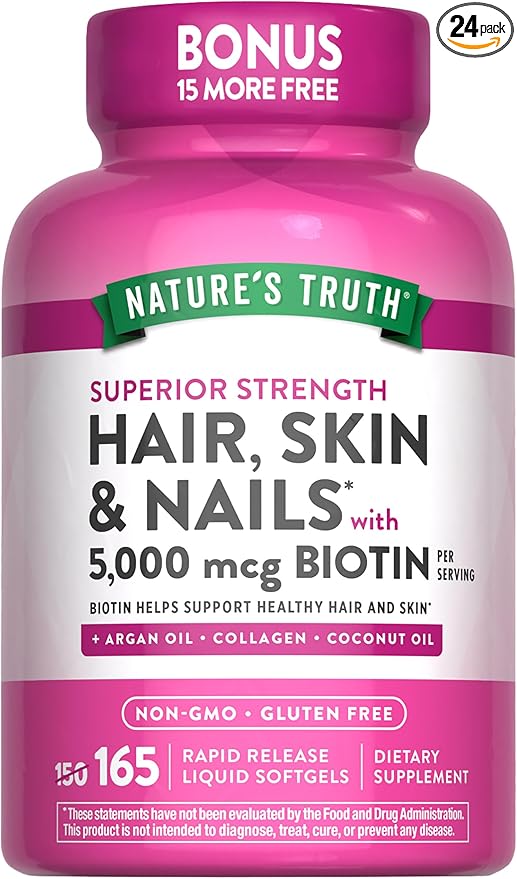 Nature's Truth Hair, Skin & Nails Vitamin | 5000 mcg Biotin | 165 Softgels | with Collagen | Non-GMO & Gluten Free Supplement