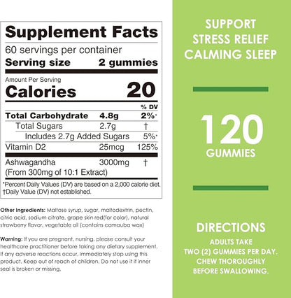 Nature's Key Ashwagandha Gummies, High Potency Ashwagandha Root Extract with Vitamin D2, for Men & Women, Stress, Calm Mood & Cognition, Strawberry Flavor (120 Count (Pack of 1)