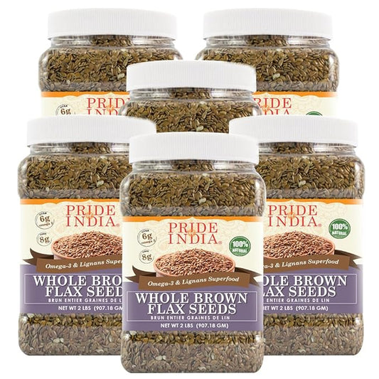 Pride Of India - PACK of 6 - Whole Brown Flax Seeds - Omega-3 & Lignan Superfood, 2 lbs Jar