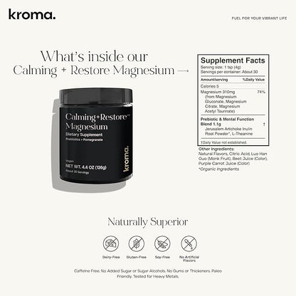 Calming Restore Magnesium Supplement with L Theanine and Magnesium Complex, Gluten Free Powder Drink Mix, Sleep, Calm, Relaxation and Muscle Recovery Support, Tart Pomegranate, 30 Servings