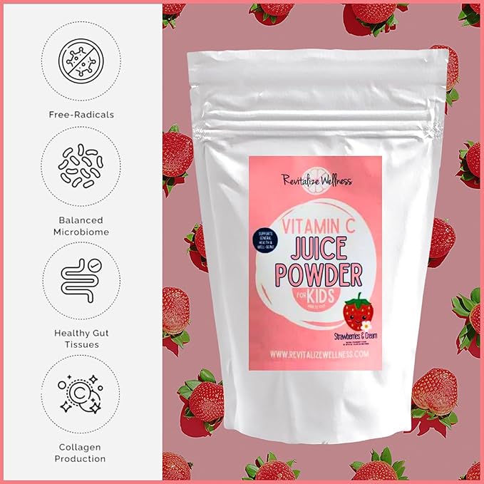 Vitamin C Juice Powder | 1000 mg Vitamin C as Ascorbic Acid per Serving | No Sugar Added | Strawberries & Cream Flavor | 120 Servings