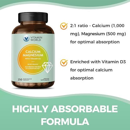 Vitamin World Calcium Magnesium with Vitamin D3, Bone Health, Muscle & Nerve Function Support, with Calcium 1000mg, Magnesium 500mg, Rapid-Release, Gluten & Dairy Free, 250 Capsules