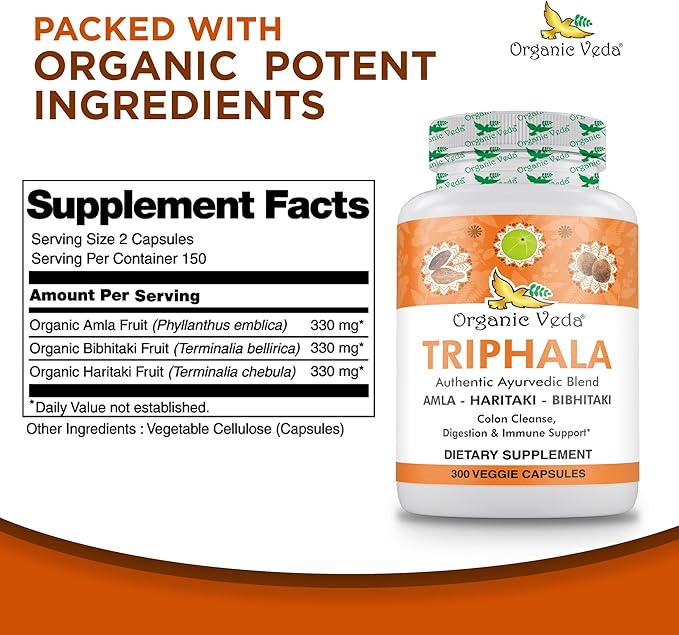 Organic Veda Triphala Powder 300 Capsules, 1000mg - Organic Triphala Supplement for Colon Cleanse, Immune, Gut & Digestion Health - Whole Green Antioxidants Amla, Haritaki & Bibhitaki - Vegan Pills