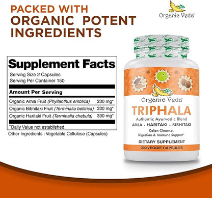Organic Veda Triphala Powder 300 Capsules, 1000mg - Organic Triphala Supplement for Colon Cleanse, Immune, Gut & Digestion Health - Whole Green Antioxidants Amla, Haritaki & Bibhitaki - Vegan Pills