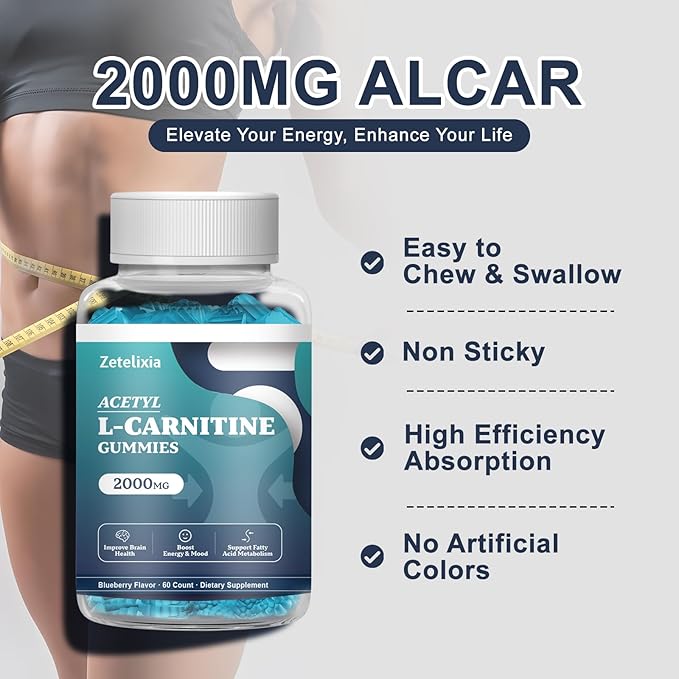 2 Pack Acetyl L-Carnitine Gummies, L-Carnitine Supplement for Women & Men, with Vitamin C & B12, ALCAR for Energy, Brain & Heart Health Support, Vegan, Non-GMO, Sugar Free, 120 Count