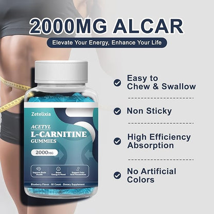 2 Pack Acetyl L-Carnitine Gummies, L-Carnitine Supplement for Women & Men, with Vitamin C & B12, ALCAR for Energy, Brain & Heart Health Support, Vegan, Non-GMO, Sugar Free, 120 Count