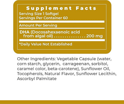Premier DHA, 60 Softgels, Vegan Product - Plant-Source DHA for Premier Support for The Brain, Nerves, Eyes and Heart