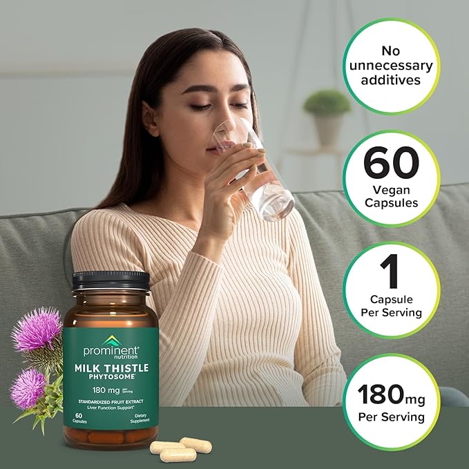 Prominent Nutrition Milk Thistle Phytosome, Clinically Researched Siliphos® Milk Thistle Extract for Liver Function, Detox, and Cleanse Support, Standardized to 29% Sylibin, 180 mg, 60 Capsules