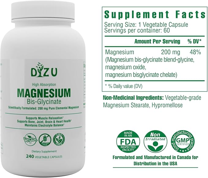 Dizu - Magnesium Bisglycinate 200 mg, Pure Elemental Chelated Complex, Supports Sleep, Muscle, Bone, Heart & Energy Metabolism, with Glycine & Oxide, Vegetable Capsules