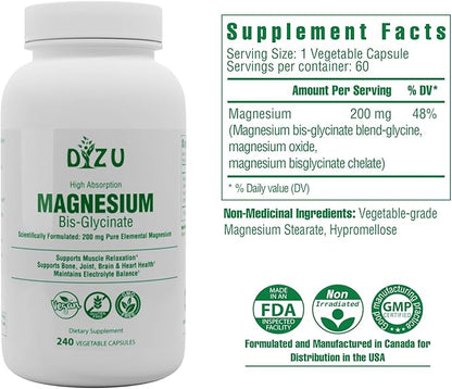 Dizu - Magnesium Bisglycinate 200 mg, Pure Elemental Chelated Complex, Supports Sleep, Muscle, Bone, Heart & Energy Metabolism, with Glycine & Oxide, Vegetable Capsules