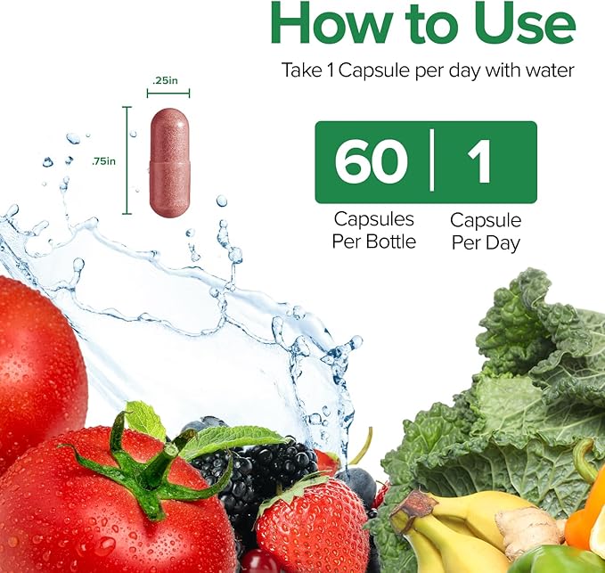 1000mg Immune Support Capsules Made with 25 Organic Fruits and Vegetables, Strong Immunity Boosters with Vitamins A, C, D3, and Zinc, 60 Count
