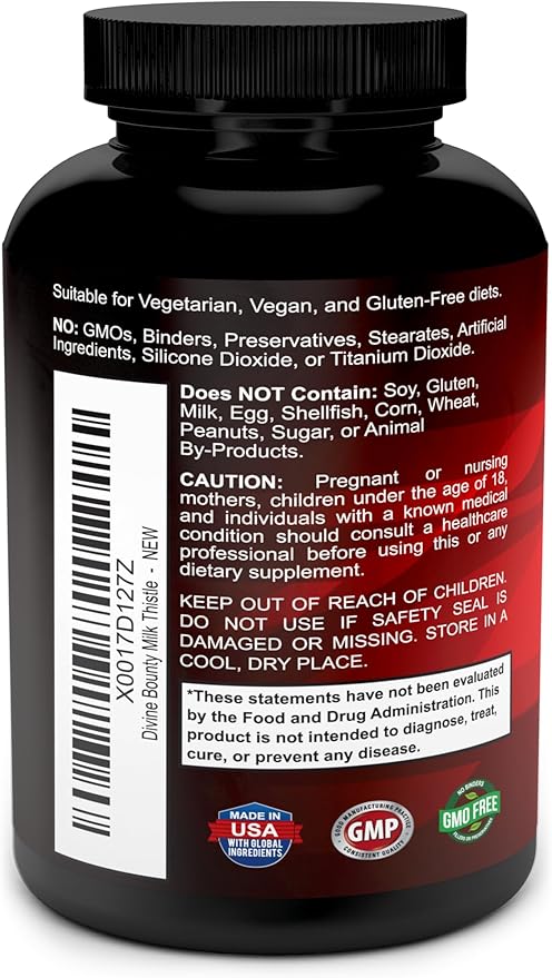 Divine Bounty Pure Milk Thistle Capsules Supplement - A Potent 1200mg Milk Thistle Supplement with 4X Concentrated Extract (Standardized) 120 Vegetarian Capsules