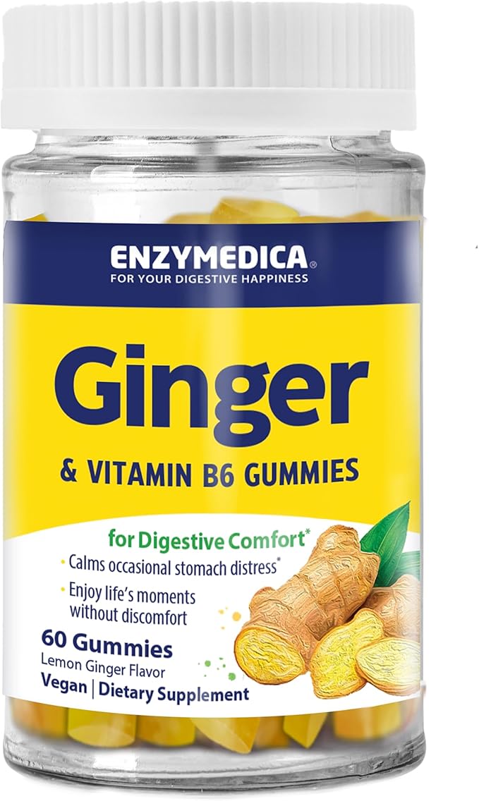 Enzymedica, Ginger & Vitamin B6 Gummies, Support for Occasional Nausea & Indigestion, High Potency, Equivalent to 200 mg Ginger Extract, 60 Count