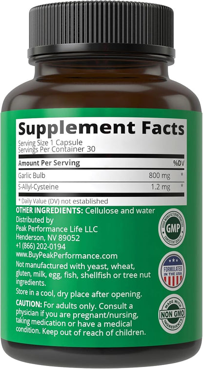 Peak Performance Aged Black Garlic Capsules. Raw Vegan Pure Odorless Extract Supplement Pills for Cholesterol, and Immune Support. from Garlic Bulb with S-Allyl Cysteine and Antioxidants