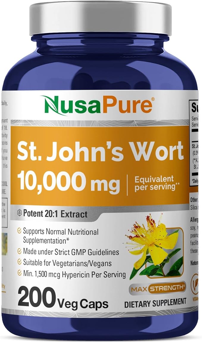 NusaPure St. John's Wort 10,000mg 200 Veggie Capsules (Vegetarian, Non-GMO) Bioperine