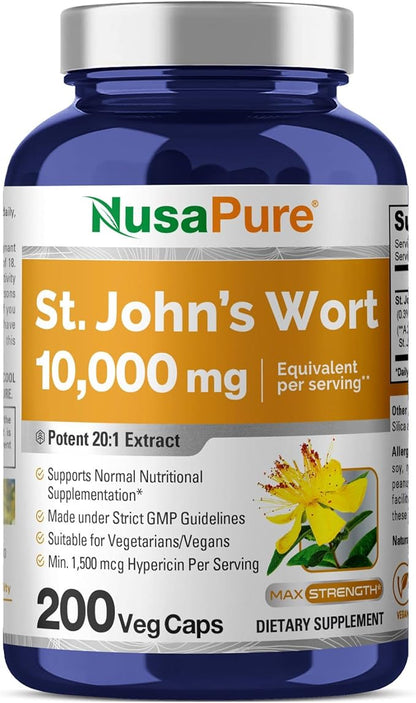 NusaPure St. John's Wort 10,000mg 200 Veggie Capsules (Vegetarian, Non-GMO) Bioperine
