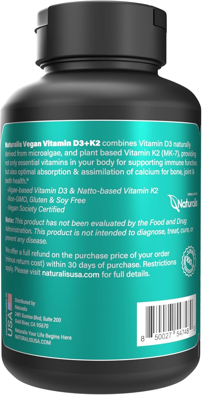 Vegan Vitamin D3 + K2 with Extra Virgin Olive Oil | 5000iu Vitamin D with 120mcg MK7 Vitamin K | Better Support for Bone & Immune Health | Vegan Society Certified 180 Softgels