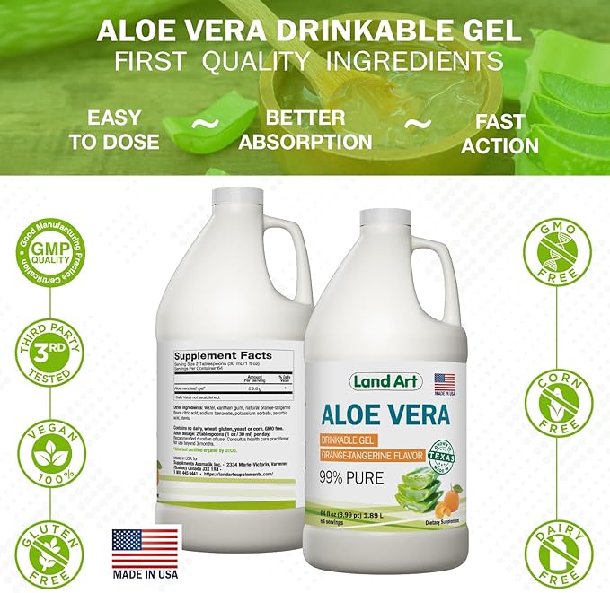 Pure Aloe Vera Drinkable Gel - Orange Tangerine Flavored - Cold-Processed Inner Filet - from Organic Fresh Leaves from Texas - for Heartburn Relief - Acid Reflux - 64 fl oz